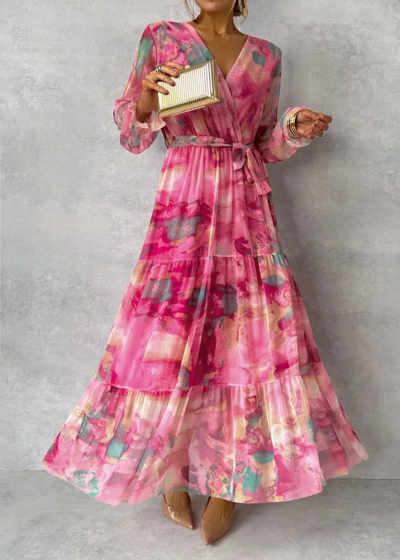 Ámbar - Robe Maxi Enveloppante avec Imprimé Floral et Manches Longues