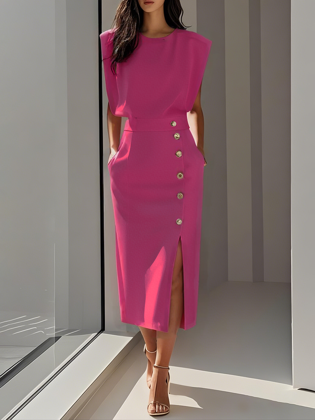 Malene™ | Robe Midi Unie avec Ouverture de Boutons et Décolleté Rond