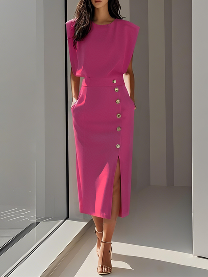 Malene™ | Robe Midi Unie avec Ouverture de Boutons et Décolleté Rond