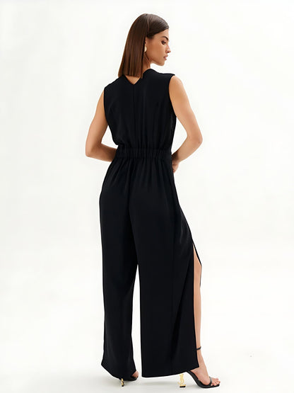 Mono noir sans manches avec effet enveloppant et jambes larges