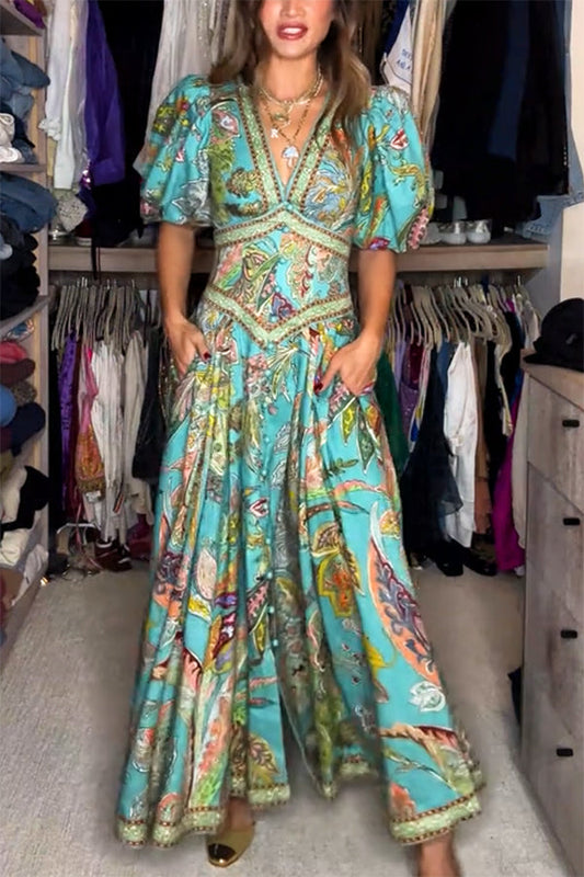 Elizabeth | Robe Longue Aérée avec Manches Bouffantes et Décolleté en V