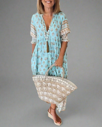 Friederike | Robe Midi avec Décolleté en V et Élégantes Manches Bouffantes