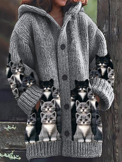 Jasmin - Gilet en Tricot Douillet avec Imprimé de Chats