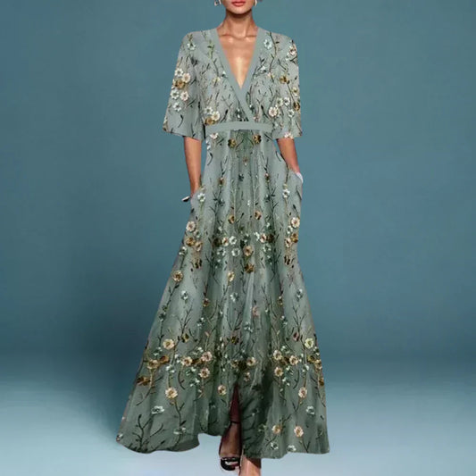 Ruby | Robe Maxi Fleurie avec Ceinture et Décolleté en V