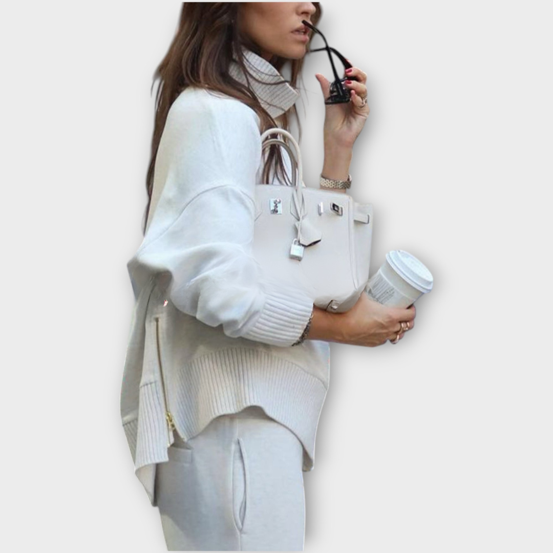 Ensemble de Pull Détendu avec Col Montant et Pantalons à Jambes Larges