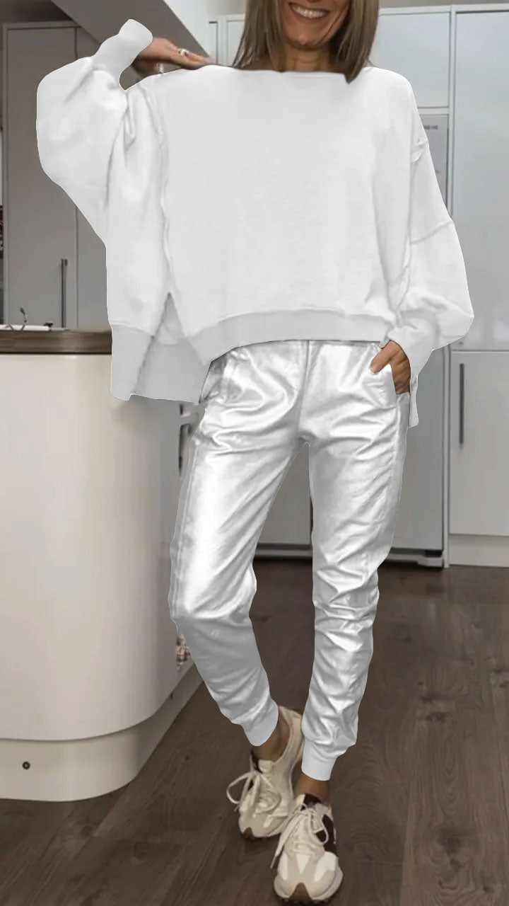 Ensemble Décontracté avec Col Rond pour Femme + Pantalons en Cuir