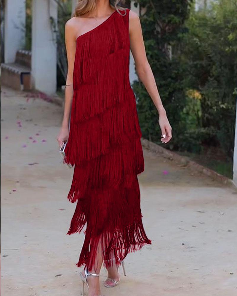 Robe à franges élégante Maya avec épaules dénudées