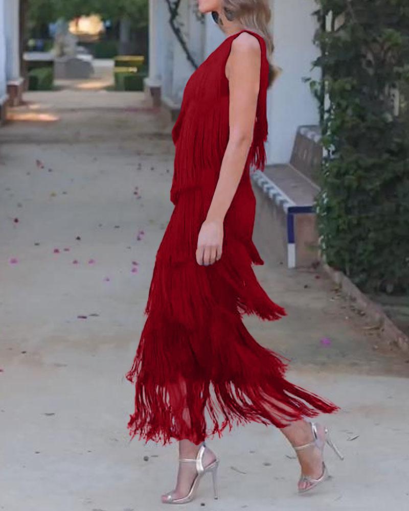 Robe à franges élégante Maya avec épaules dénudées
