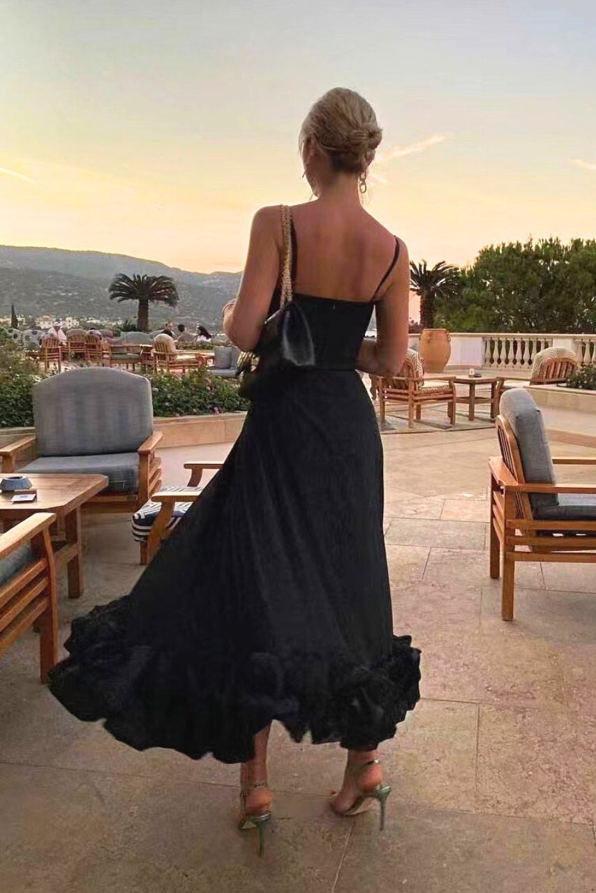 Robe Maxi Femme à Bretelles Spaghetti, Jupe Évasée et Ourlet Volanté