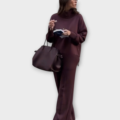 Ensemble de Pull Détendu à Col Montant et Pantalons à Jambes Larges