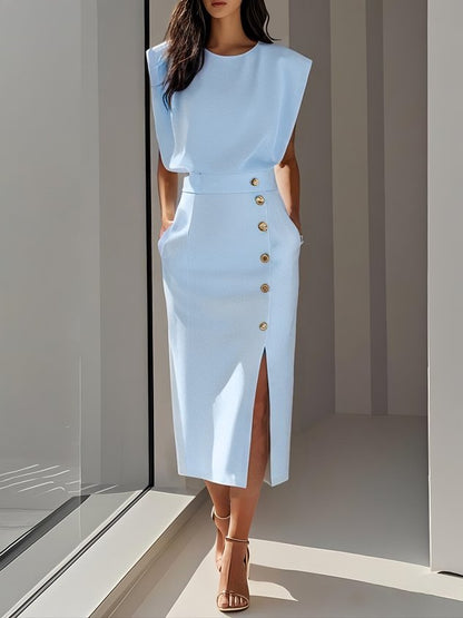 Malene™ | Robe Midi Unie avec Ouverture de Boutons et Décolleté Rond