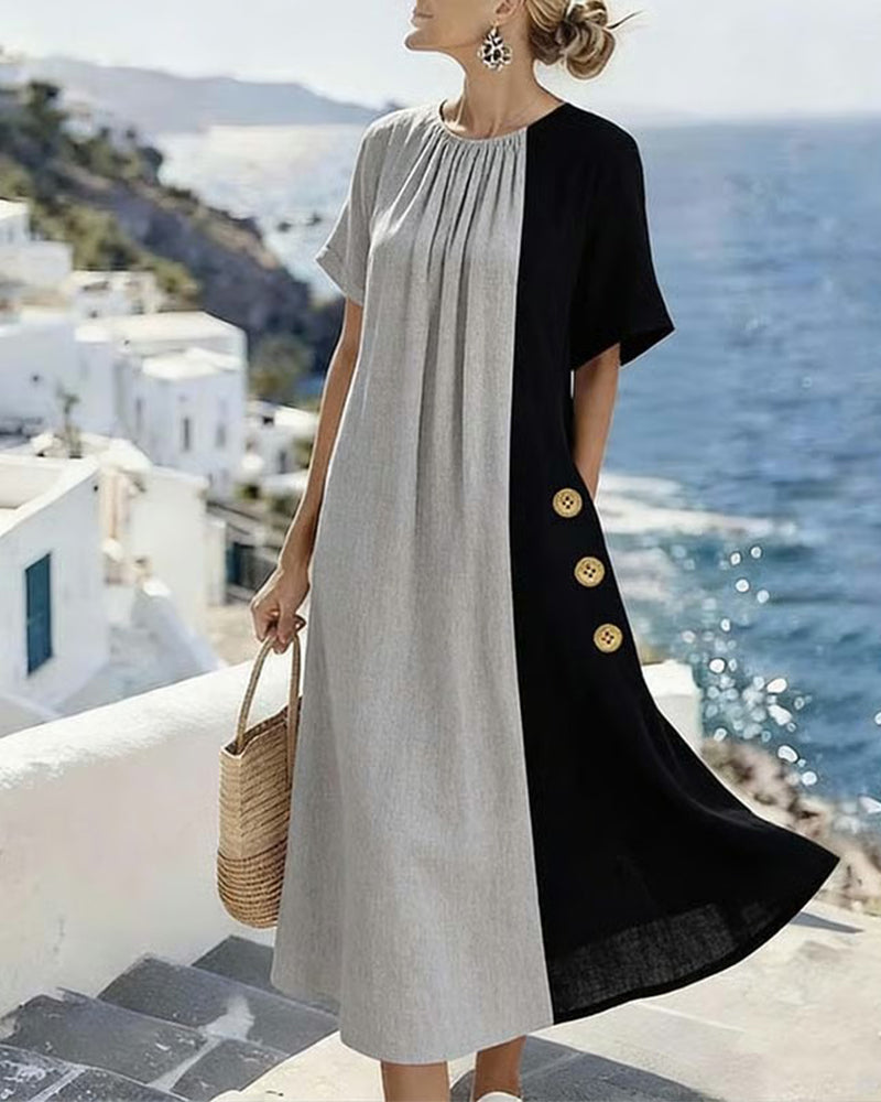 Robe longue décontractée à col rond et couleur contrastée