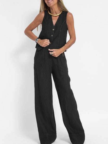 Jessica - Ensemble Gilet Boutonné & Pantalons à Jambes Larges