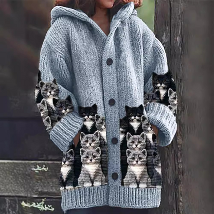 Jasmin - Cardigan en Tricot Accueillant avec Imprimé de Chat