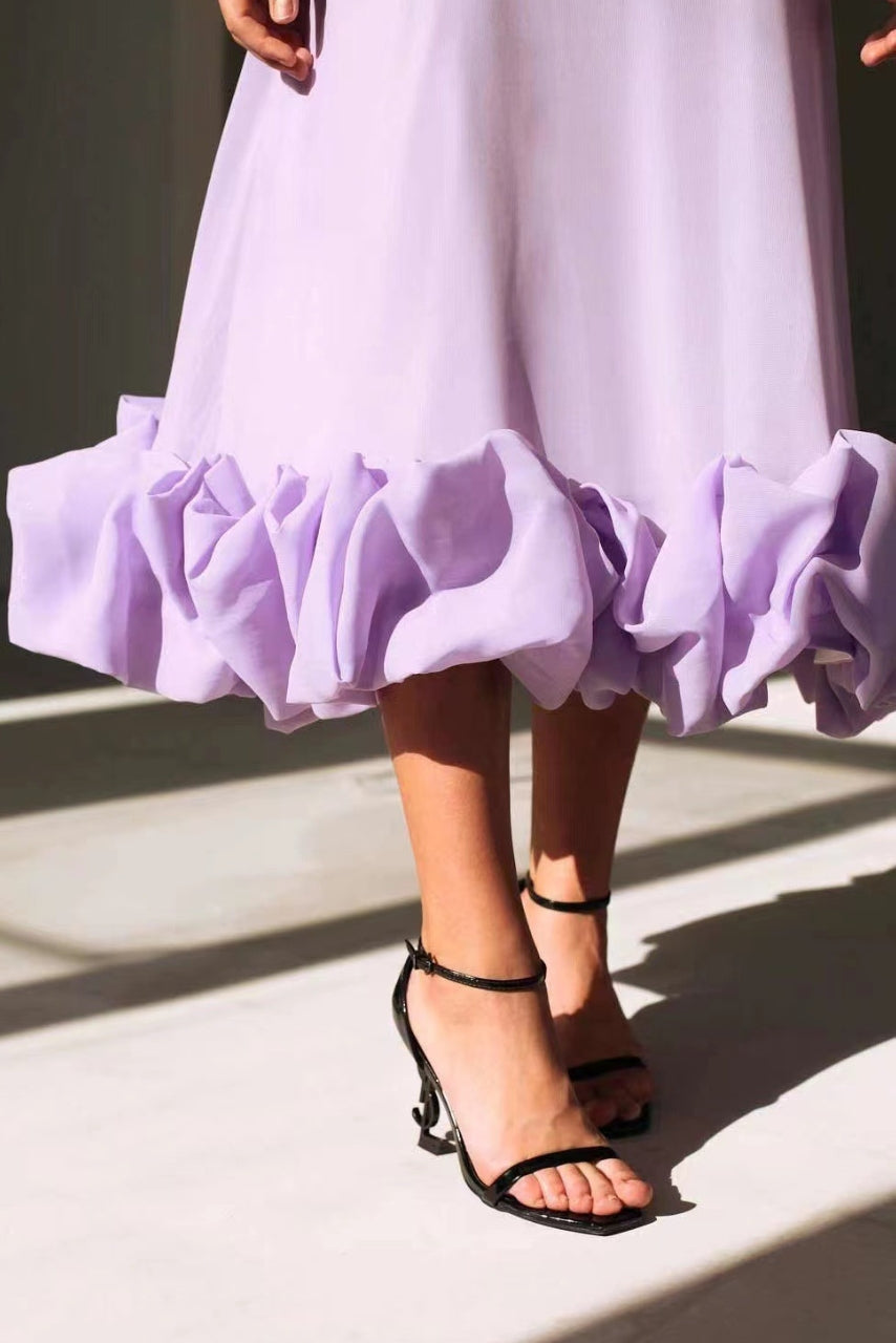 Robe Maxi Femme à Bretelles Spaghetti, Jupe Évasée et Ourlet Volanté
