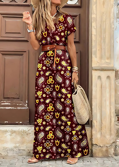Briony – Robe Longue Élégante avec Imprimés Paisley et Ceinture