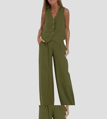Jessica - Ensemble Gilet Boutonné & Pantalons à Jambes Larges