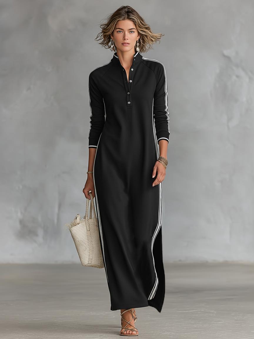 Robe Maxy Sweat Femme avec Col Button-down et Bord Blanc