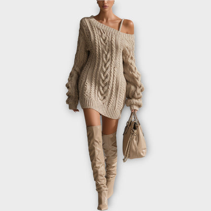 Robe Pull en Maille Tressée avec Épaules Découvertes