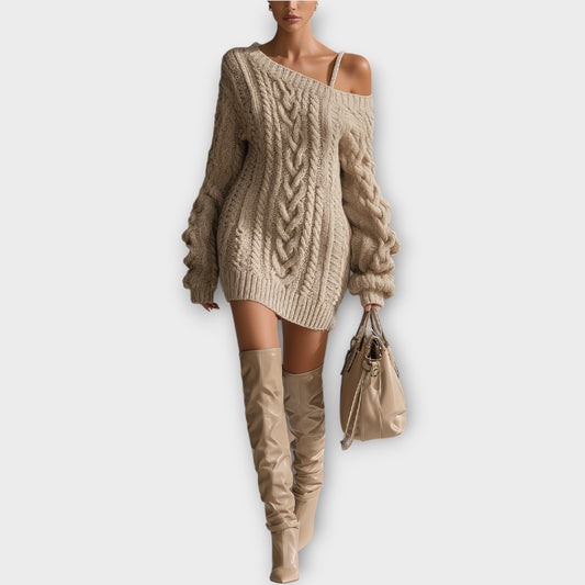 Robe Pull en Maille Tressée avec Épaules Découvertes