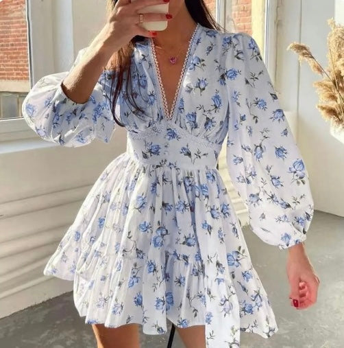 Robe Mini Fleurie pour Femmes avec Manches Longues Bouffantes et Décolleté en V