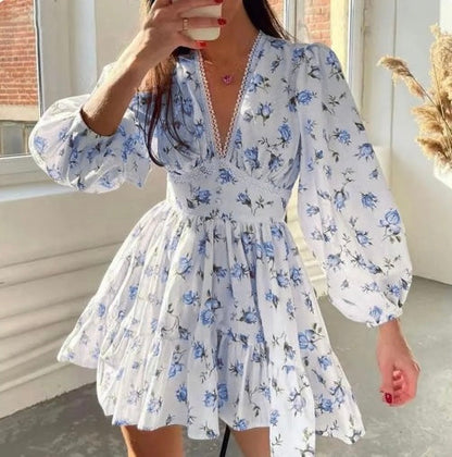 Robe Mini Fleurie pour Femmes avec Manches Longues Bouffantes et Décolleté en V