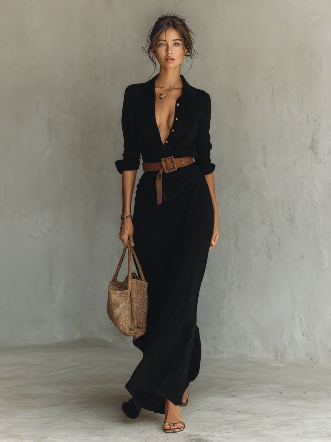 Robe Maxi Élégante avec Revers et Manches Longues pour Femme