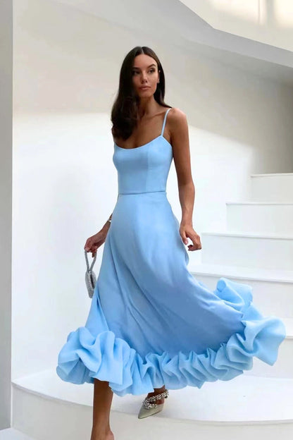 Robe Maxi Femme à Bretelles Spaghetti, Jupe Évasée et Ourlet Volanté