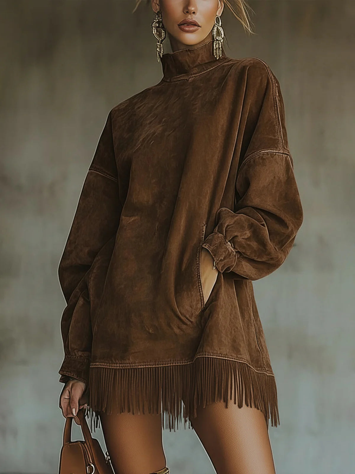 Amalia | Robe en daim avec col montant et franges