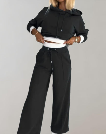Ensemble femme deux pièces – Sweat-shirt court à capuche et pantalons à jambes larges