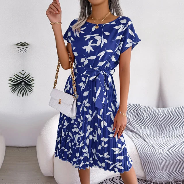 Robe Midi Plissée à Manches Courtes pour Femme avec Ceinture à la Taille