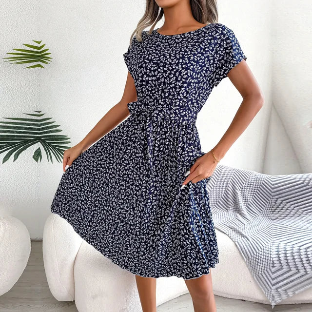 Robe Midi Plissée à Manches Courtes pour Femme avec Ceinture à la Taille