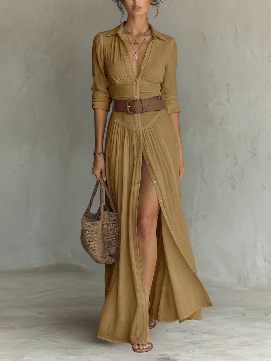 Robe Maxi Longue avec Col et Manches Longues en Lin pour Femme