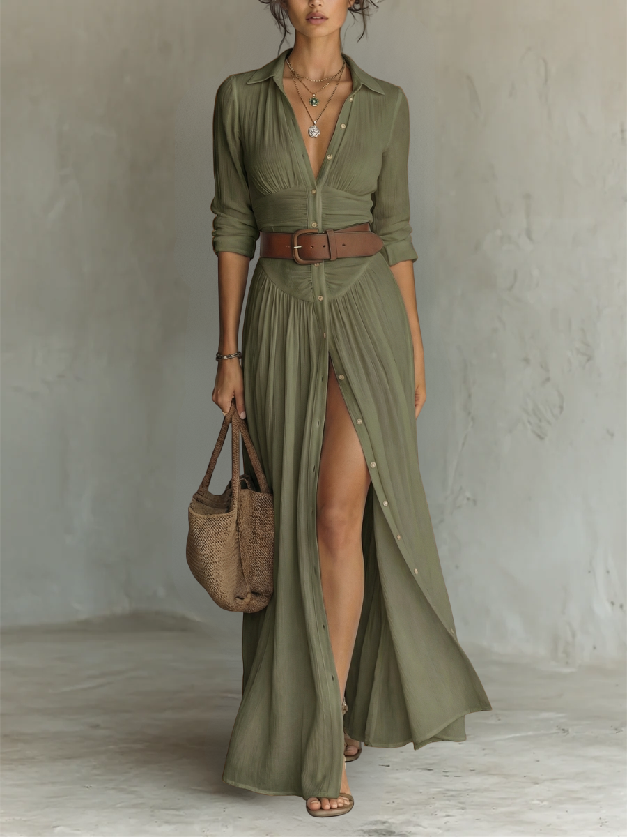 Robe Maxi Élégante avec Col Revers et Manches Longues en Lin-Coton