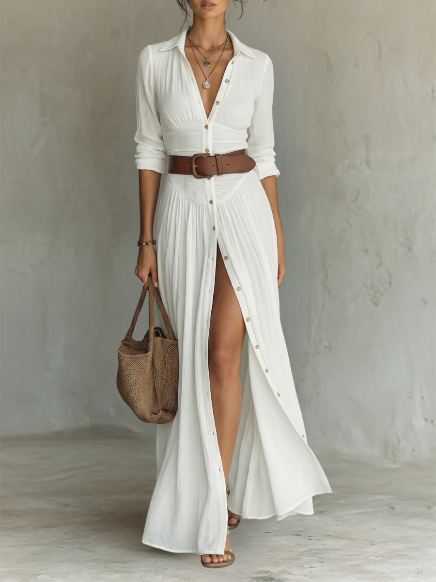 Robe Maxi Longue avec Col et Manches Longues en Lin pour Femme