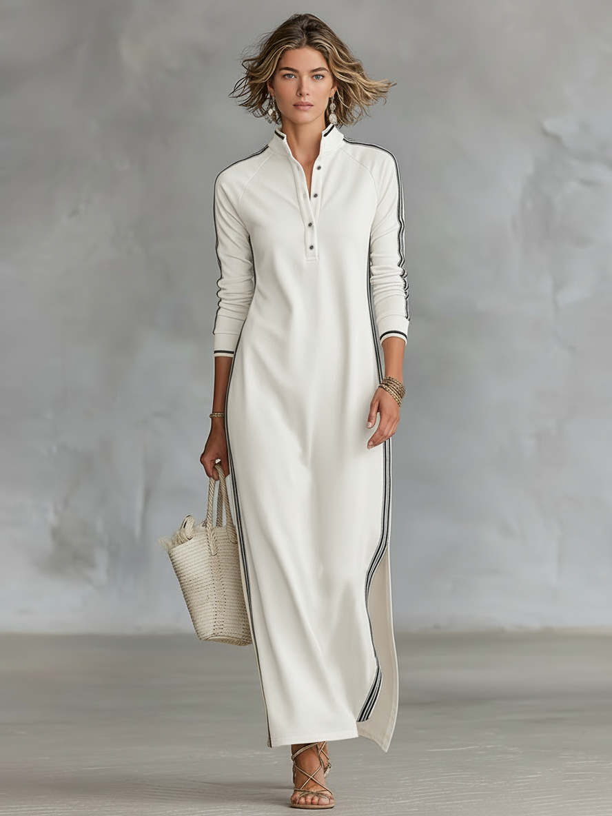 Robe Maxy Sweat Femme avec Col Button-down et Bord Blanc