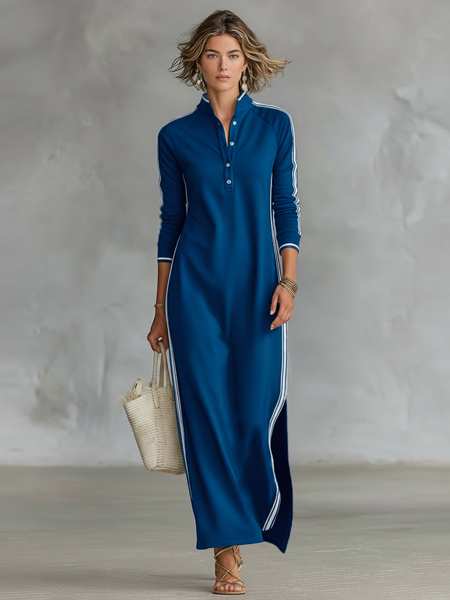 Robe Maxy Sweat Femme avec Col Button-down et Bord Blanc