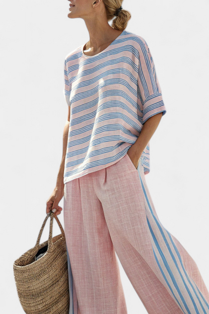 Virella | Blouse en Lin Élégante Rose-Bleu & Pantalons Doux