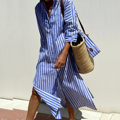 Hazel - Élégante Robe Midi Rayée de Confort