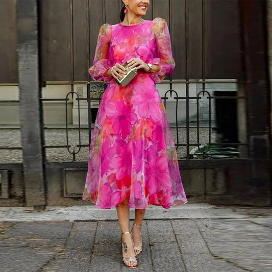Robe Midi Fleurie à Manches Longues pour Femme avec Manches Bouffantes Transparentes