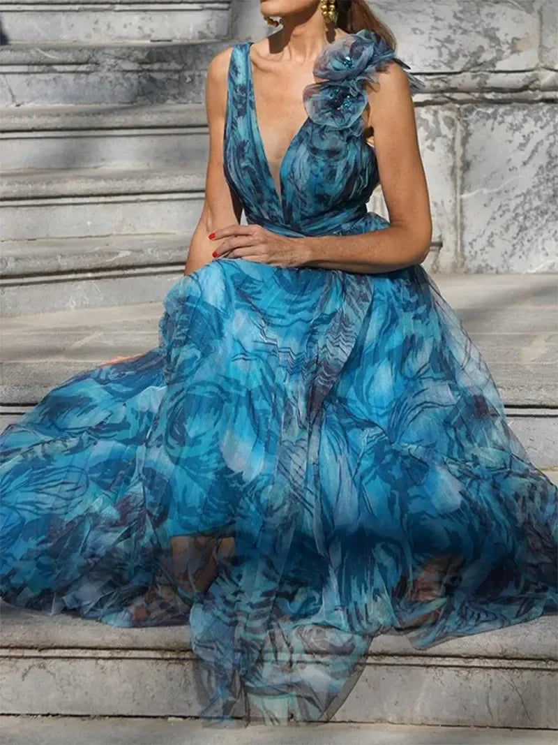 Léna™ | ROBE MAXI BLEUE PAON