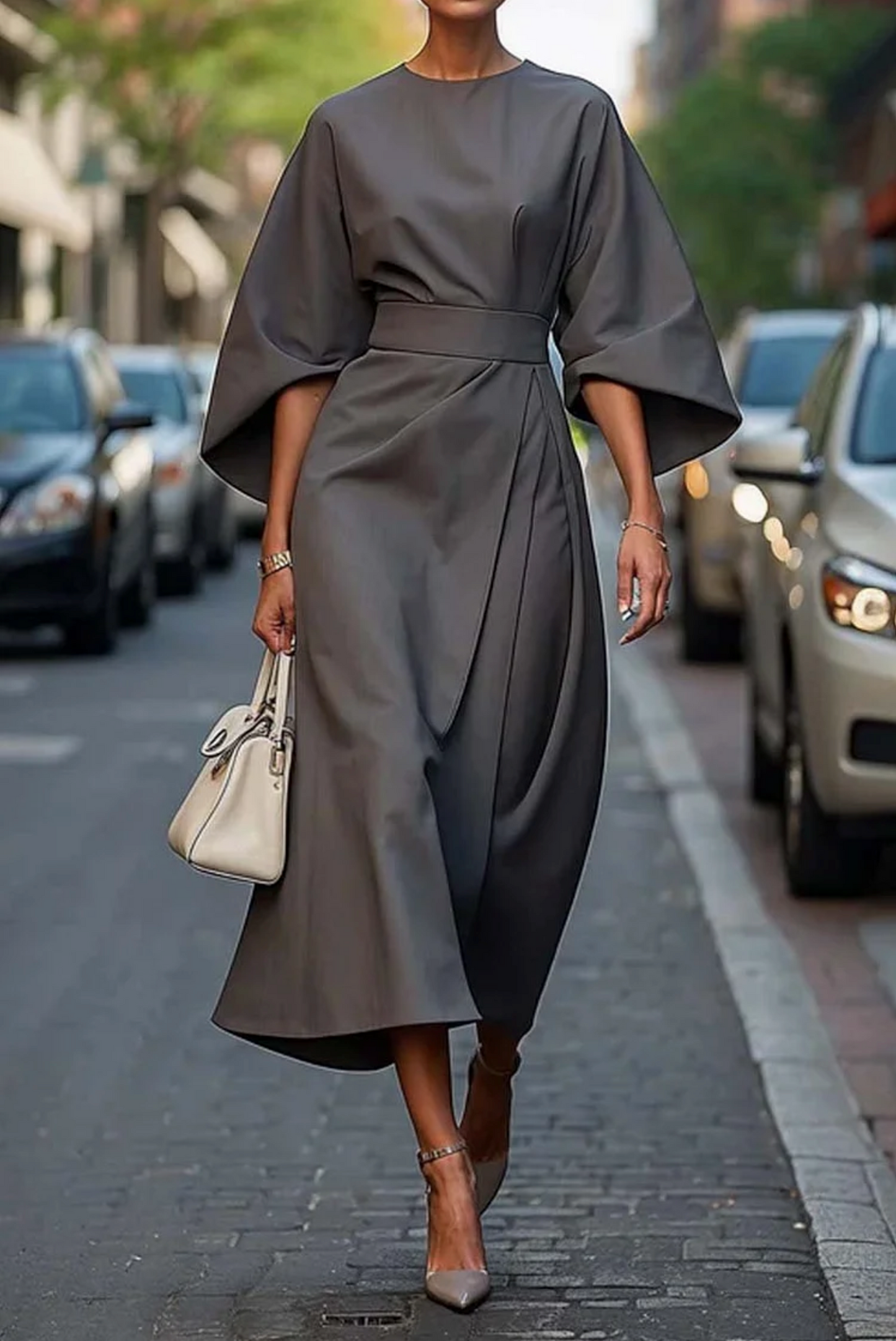 Véda – Robe à Manches Lanternes de Luxe