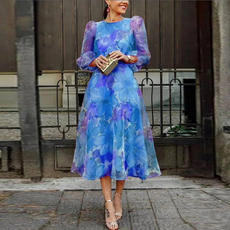 Robe Midi Fleurie à Manches Longues pour Femme avec Manches Bouffantes Transparentes