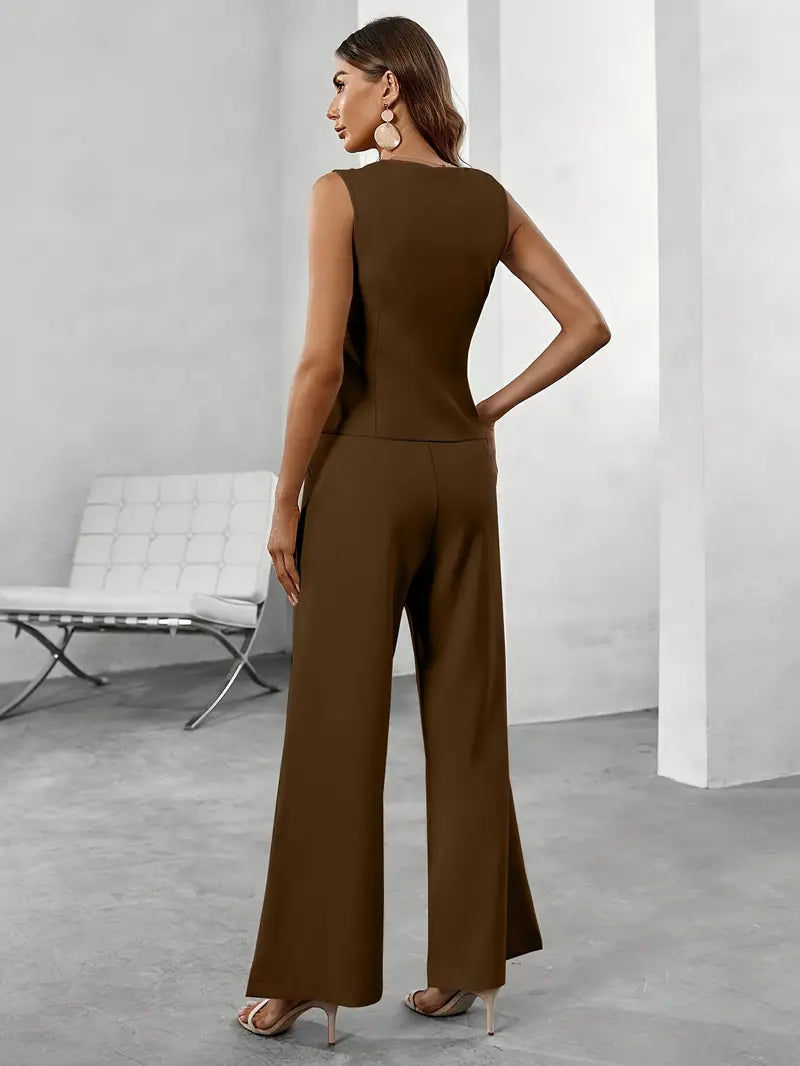 Ensemble de Dame de Deux Pièces avec Gilet Sans Manches et Pantalons à Jambes Larges