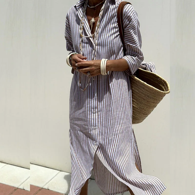 Hazel - Élégante Robe Midi Rayée de Confort