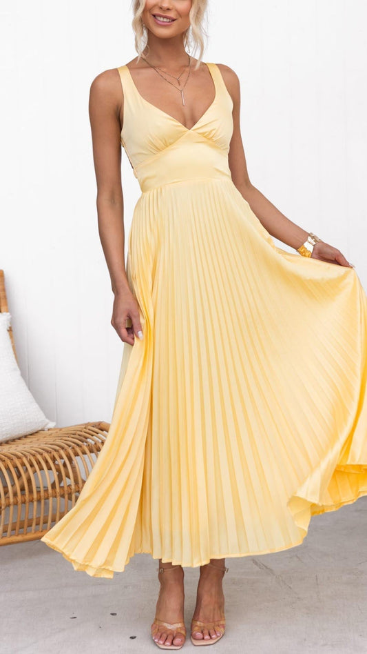 Aby - Robe Maxi Jaune avec Plis et Décolleté en V