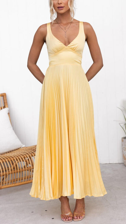 Aby - Robe Maxi Jaune avec Plis et Décolleté en V