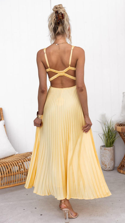 Jane | Robe Maxi Élégante avec Plis et Décolleté en V.