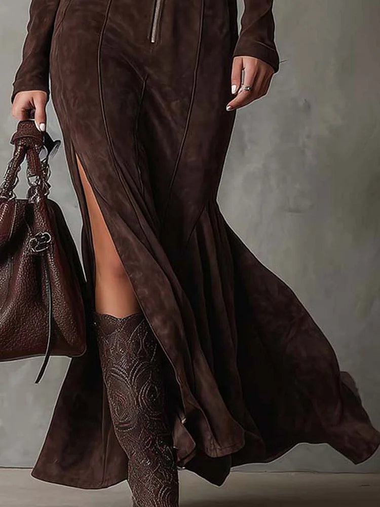 Almudena | Robe longue marron avec ceinture