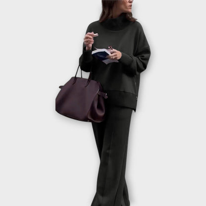Ensemble de Pull Détendu avec Col Montant et Pantalons à Jambes Larges